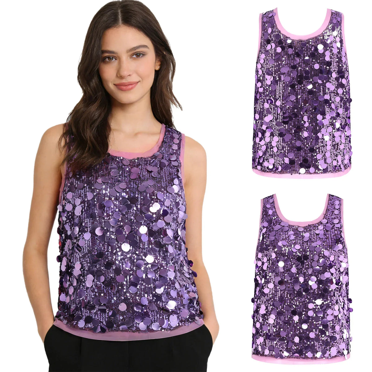 Women's Sleeveless Top Sequins Loose Vest Disco Costume Tank Top Nightclub Fashion Streetwear Shiny Clubwear Rave Party Outfit