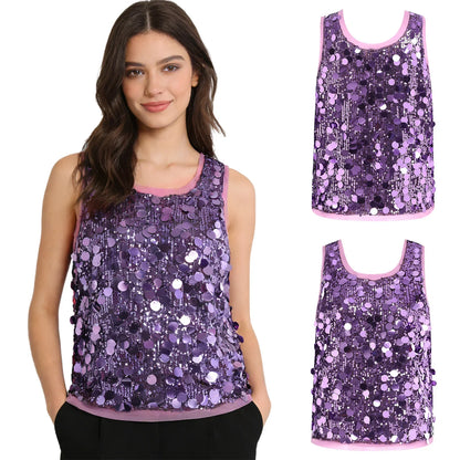 Women's Sleeveless Top Sequins Loose Vest Disco Costume Tank Top Nightclub Fashion Streetwear Shiny Clubwear Rave Party Outfit