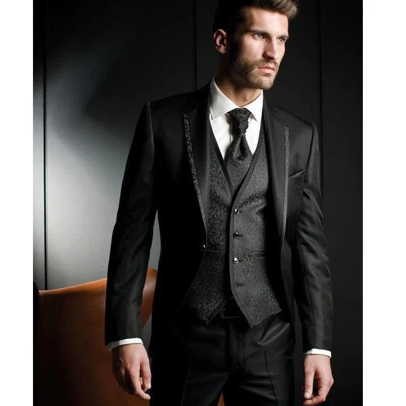 Embossing Slim Fit Wedding Tuxedo for Groom 3 Piece Men's Suits Jacket Waistcoat with Pants Notched Lapel Male Costume Coat