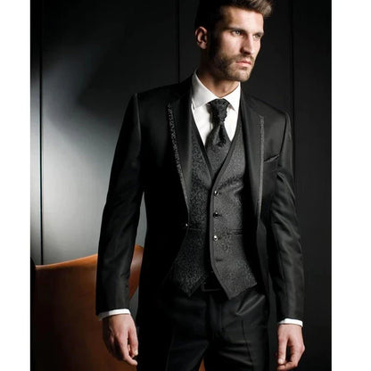 Embossing Slim Fit Wedding Tuxedo for Groom 3 Piece Men's Suits Jacket Waistcoat with Pants Notched Lapel Male Costume Coat
