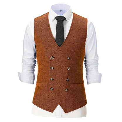 Men Vest Champagne Herringbone Double Breasted V-Neck Waistcoat for Wedding & Business