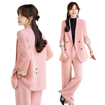 Fashion Elegant Solid Women Blazer Pantsuit Casual Vintage Chic Suit Jackets Wide Leg Pants 2 Pieces Set Female Outfits