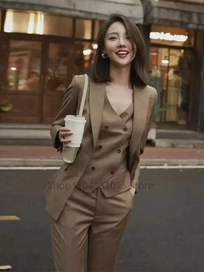 Elegant Brown Women's Suit Jacket Vest Pants Autumn New Style Hostess Sound Art Examination Workwear High Waist Long Pants Set