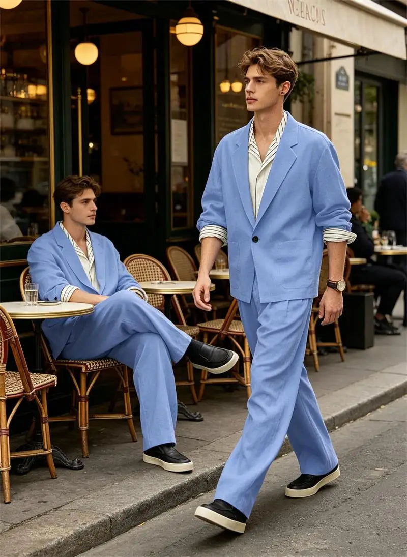 Men's Linen Blazer Suit Set Lightweight Breathable Casual Jacket Business Vacation Party Wedding Spring Summer Autumn Daily Wear