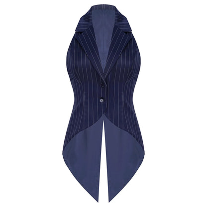 Women Striped Tailcoat Vest Waitress Waistcoat Sleeveless Jazz Dance Swallowtail Jacket Tuxedo Halloween Magic Cosplay Costume