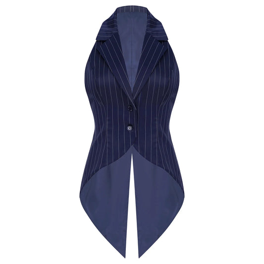 Women Striped Tailcoat Vest Waitress Waistcoat Sleeveless Jazz Dance Swallowtail Jacket Tuxedo Halloween Magic Cosplay Costume