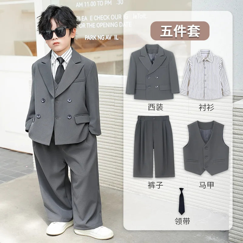School Boys Double Breasted Blazer Suit Set with Wide Leg Pants Formal Streetwear Outfit for Kids Toddlers Wedding Birthday Part