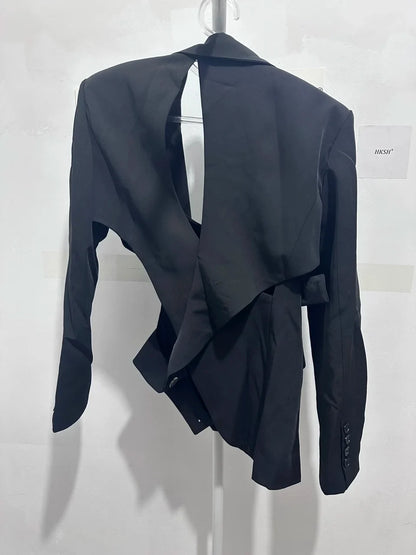 Women's Trendy Elegant High Street Hollow Out Design Pocket Slim Fit Coat Stylish Chic Asymmetric Long Sleeve Blazer HK8293