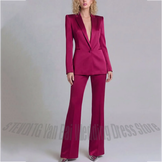 Chic Fuchsia Satin Women's Pant Suits Slim Fit Peaked Lapel Luxury Shiny Professional Office Lady Formal Outfit(Jacket+Pants)