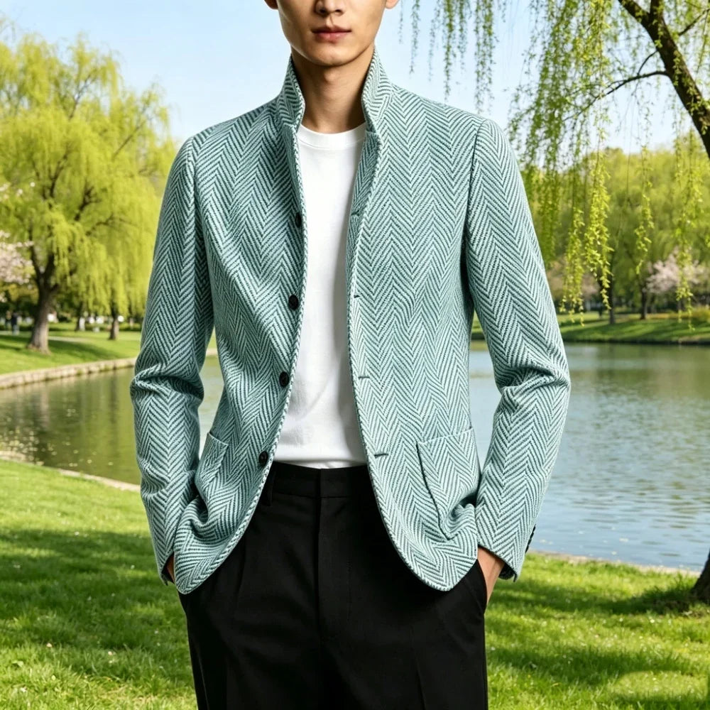 Men's Herringbone Tweed Blazer Stand Collar Slim Fit Business Casual Suit Jacket Spring Daily Commute Lightweight Sport Coat