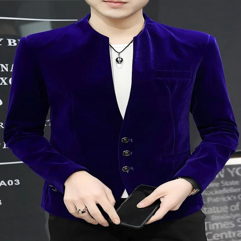 Slim Fit Velvet Yuan Collar Shirt Korean Style Fashion Trend Handsome Canary Boutique Coat New Version Small Yuan Collar Suit