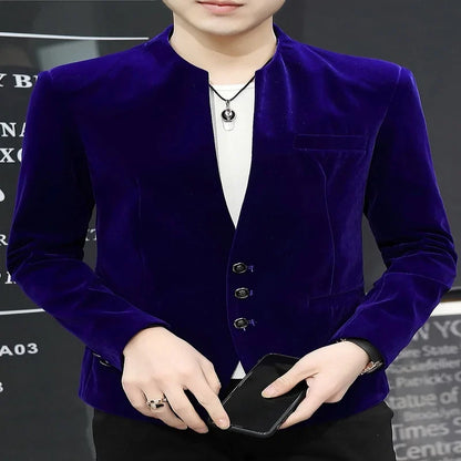 Slim Fit Velvet Yuan Collar Shirt Korean Style Fashion Trend Handsome Canary Boutique Coat New Version Small Yuan Collar Suit