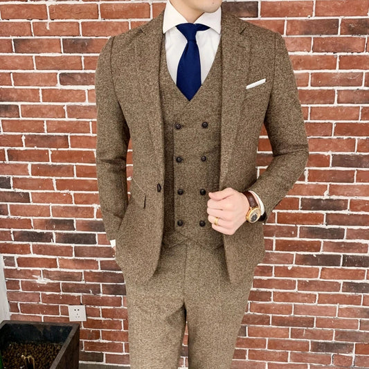 Men's Three-Piece Suit Set – Single Button, Slim Loose Fit, Wedding & Banquet, England Style