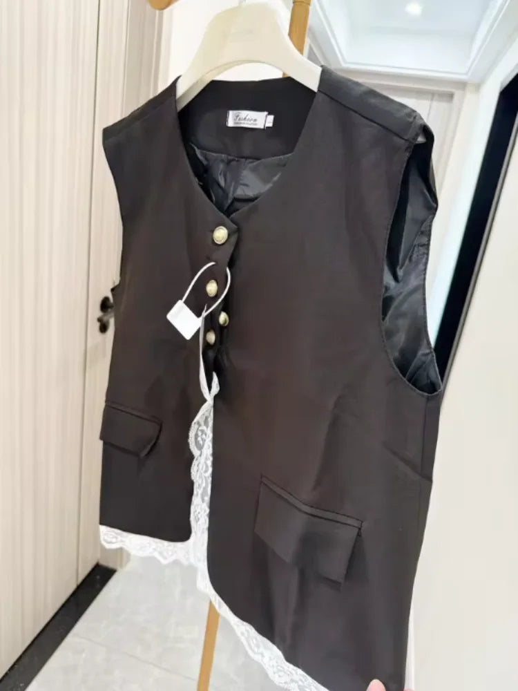 Fashion Loose Lace Patchwork Fake Two-piece Suit Vest Jacket Women's Korean  Spring  Autumn Sleeveless Top