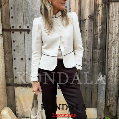 Holiday Casual Elegant Women Slim Blazer Patchwork Stand Collar Single Breasted Blazer Fashion 2026 Spring Summer Blazer