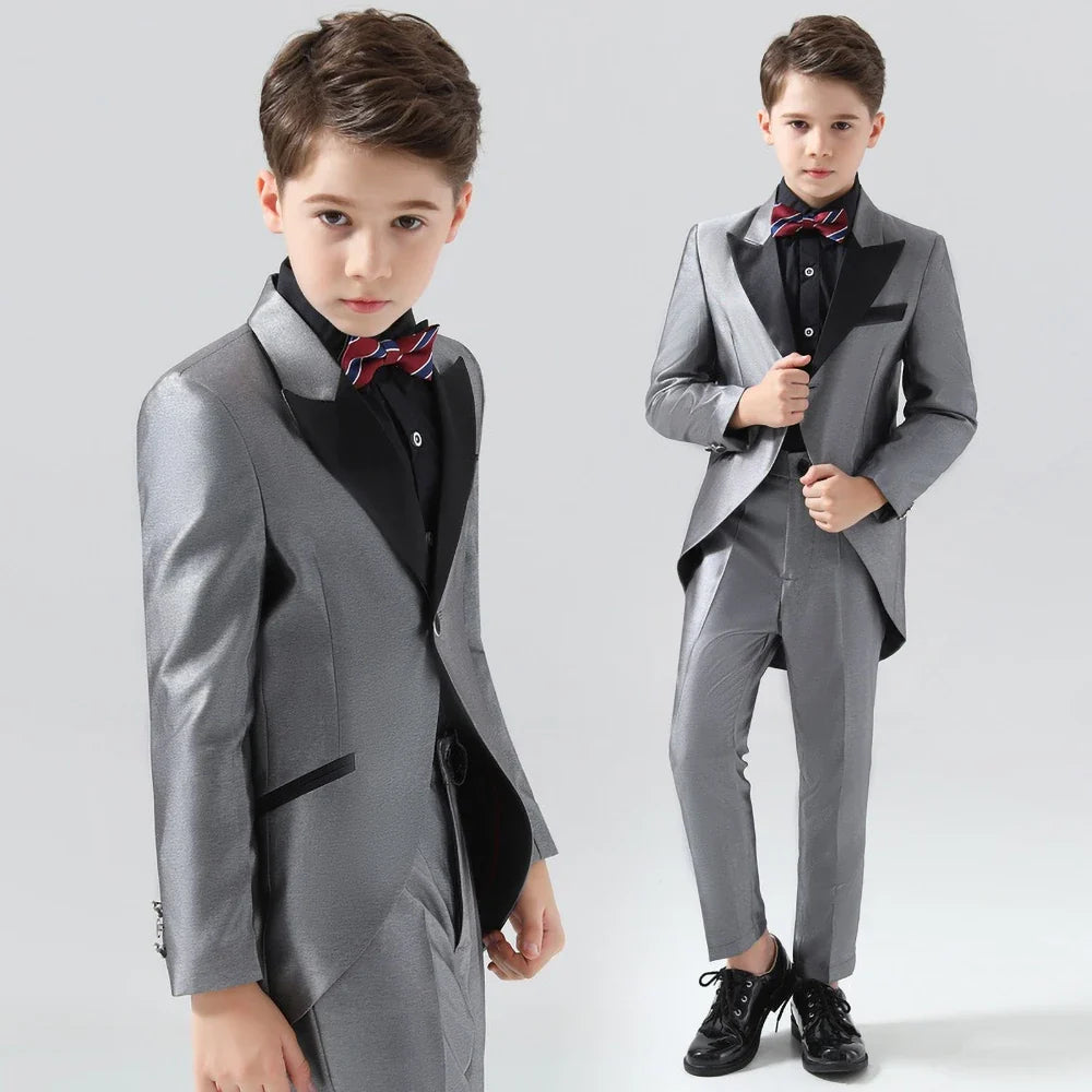 Boy Suits 2 Piece Chic Peak Lapel Satin Wedding Party Tailcoats Elegant One Button Performance Graduation Fashion Kids Clothes