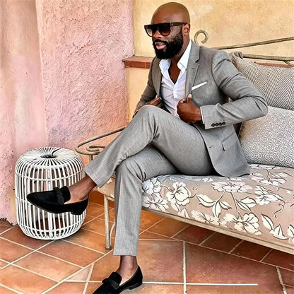 Summer Men's Linen Blend Suit 2 Pieces Slim Fit Casual Lightweight Jacket Pant Set for Party Business Wedding Prom Daily Wear