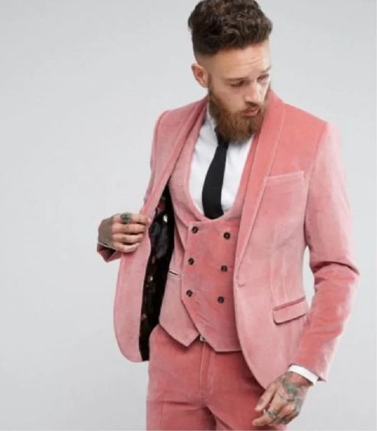 Fashion Winter Groom Wedding Dress Slim Fit PINK Velvet Men's Tuxedo Suit Custom 3 Pics Jacket+Vest+Pants