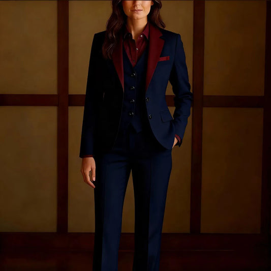 Color Blocked Burgundy Women's Suits Business Office Mother's Wedding Party Formal 3-Piece Sets Jacket Vest Pant
