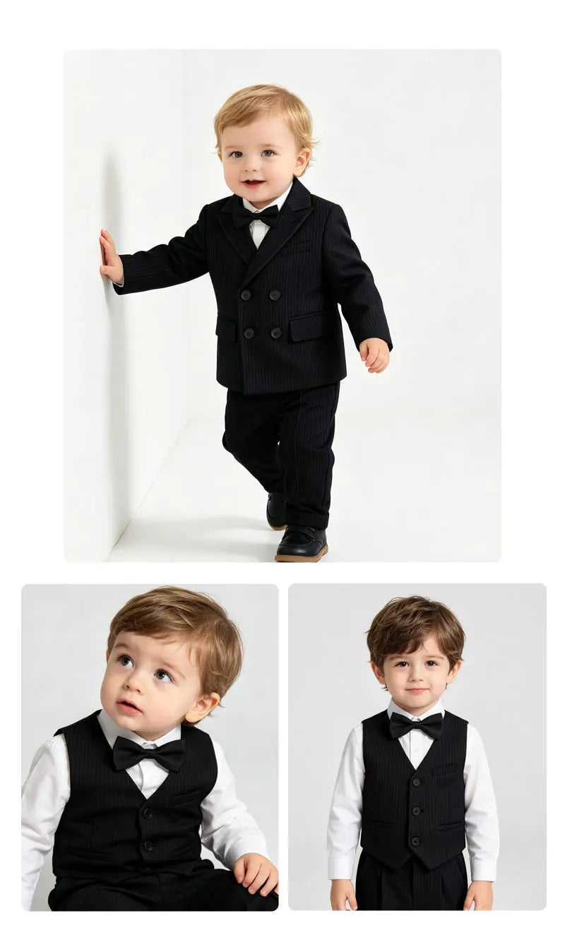 Boys Stripe Wedding Suit Set Kids Gentleman Costume Blazer Vest Pants Bow Tie Outfit for Banquet Christening Formal Party