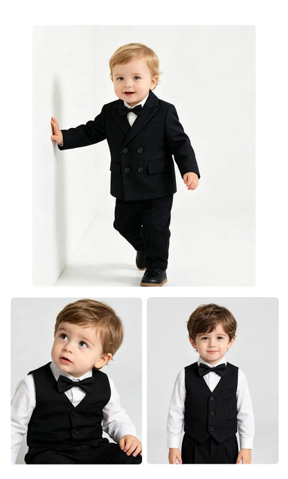 Boys Stripe Wedding Suit Set Kids Gentleman Costume Blazer Vest Pants Bow Tie Outfit for Banquet Christening Formal Party