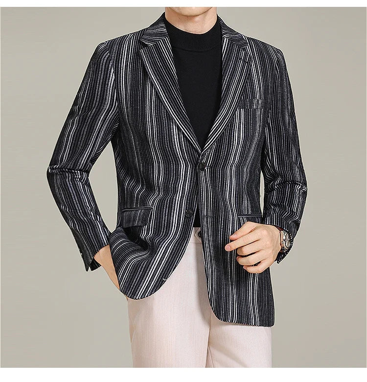 2025 Autumn Winter Velvet Striped Fashion Casual Suit Jacket Slim Fit Versatile Business Blazers Social Wedding Groom Dress Coat