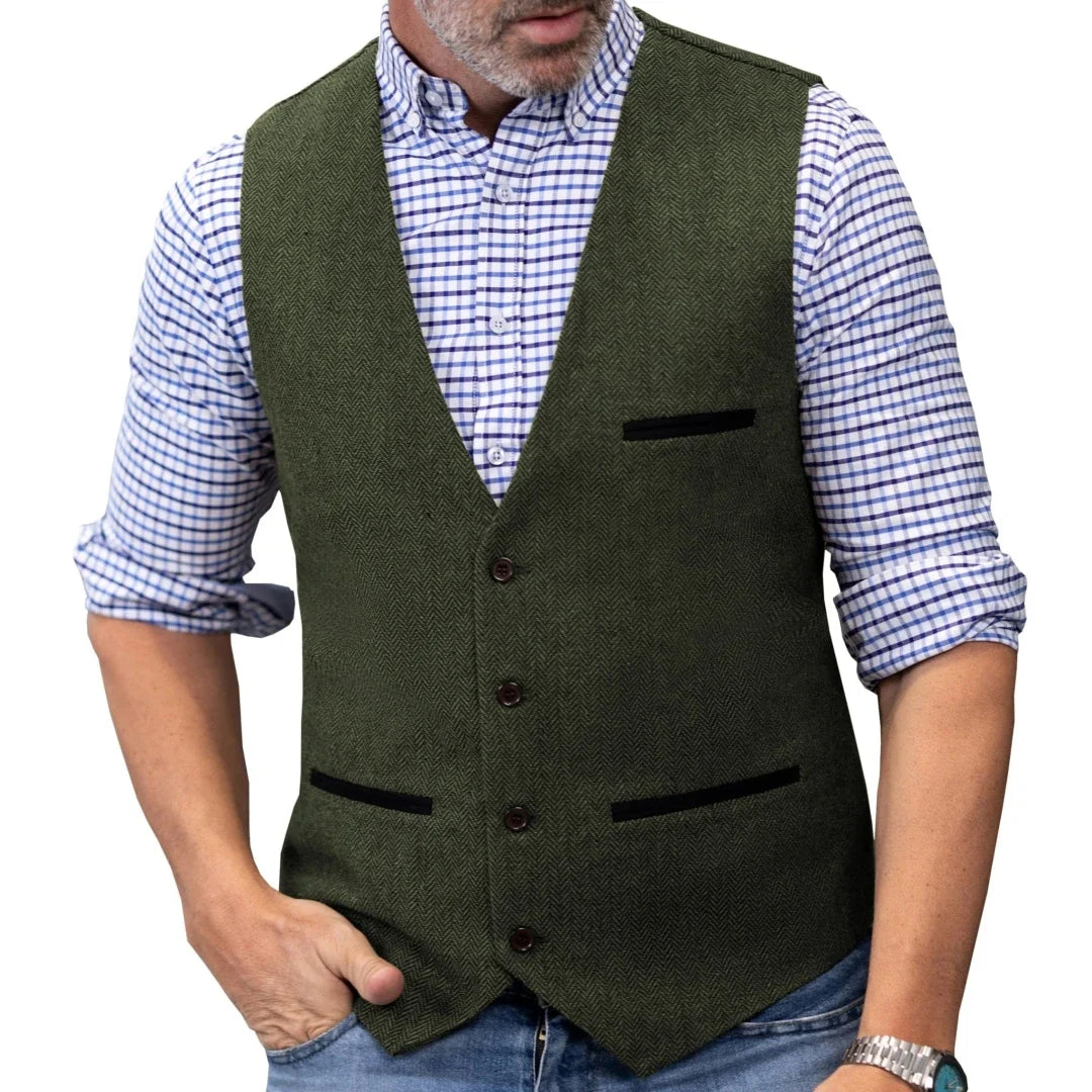 Men's Herringbone Tweed Vest Single Button V-Neck Waistcoat for Weddings and Formal Occasions
