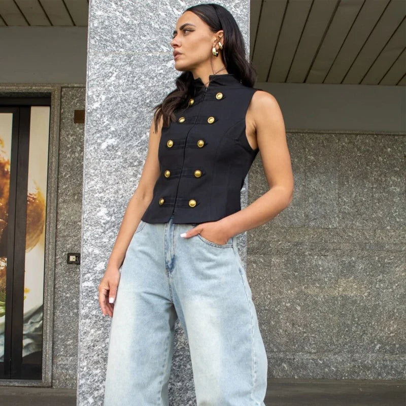 Button Up Vest Tops For Women Sleeveless Office Wear Khaki Crop Black Top Slim Fit Casual Waistcoat Top Zip Up Women’s Tops