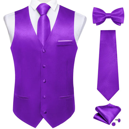 Men's Satin Suit Vest Set with Necktie Bow Tie Handkerchief and Cufflinks for Wedding and Formal Occasions