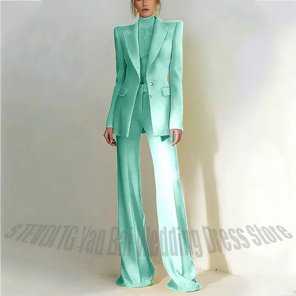 Women Pant Suit 2 Piece Set Office Female Business Work Formal Jacket Trouser One Button Chic Yellow Peaked Lapel Elegant Suit