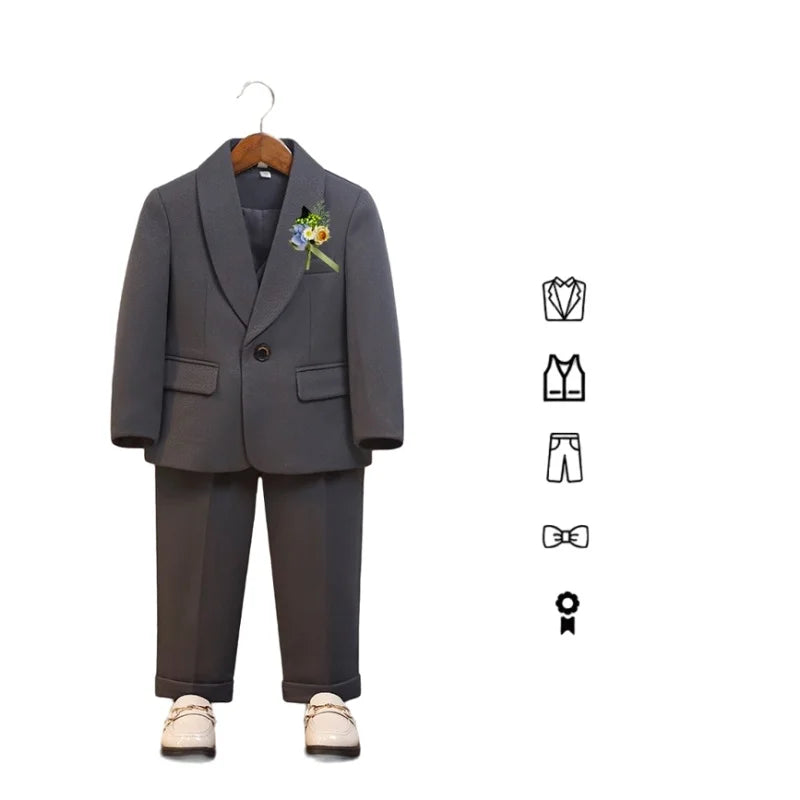 Kids Spring Autumn 5Pieces Balzer Set With Jacket Vest Pants Bowtie Brooch Boys Formal Wedding Birthday Party Suit
