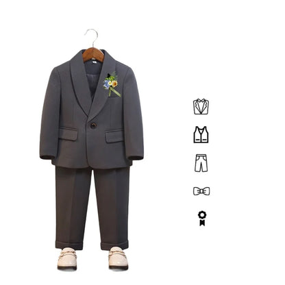 Kids Spring Autumn 5Pieces Balzer Set With Jacket Vest Pants Bowtie Brooch Boys Formal Wedding Birthday Party Suit