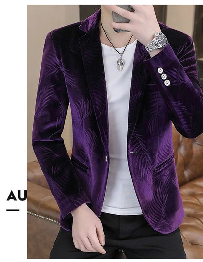 Men's Slim Fit Velvet Blazer – Bamboo Leaf Print Smart Casual Suit Jacket