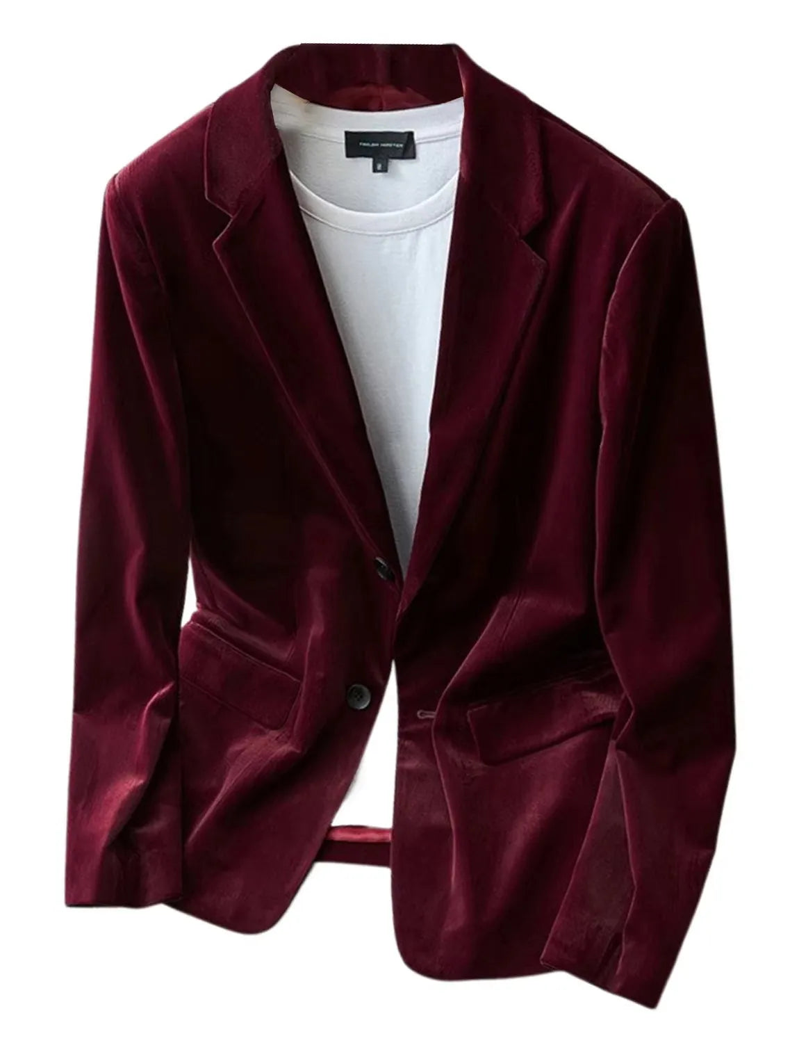 Men's Burgundy Velvet Jacket Slim Fit Two Buttons Notch Lapel Suit Blazer for Prom Party Wedding Business Smart Casual One Coat