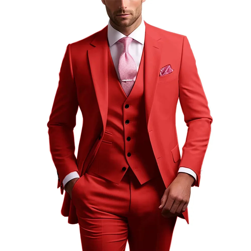 Formal 3 Piece Men Suits Slim Fit Notch Lapel Single Breasted Blazer Wedding Groom Tuxedo Business Suits Set (Jacket+Vest+Pants)