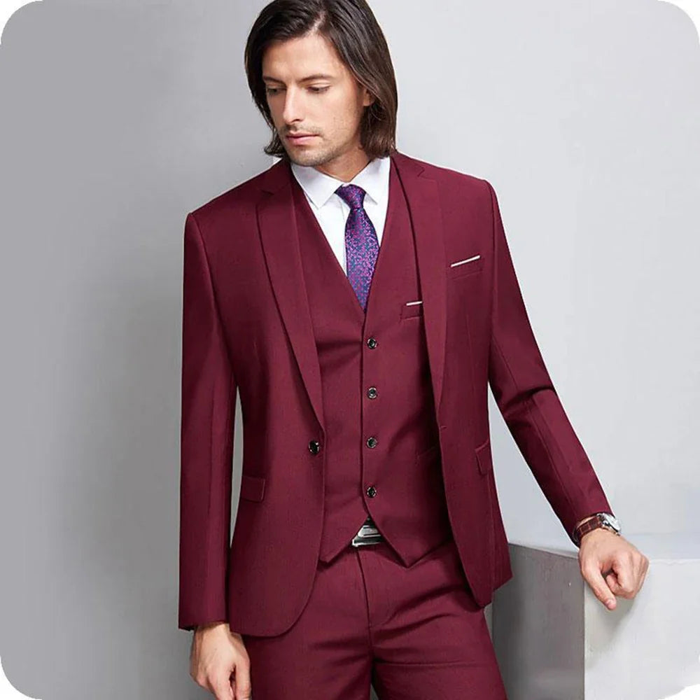 Fashion Wedding Suit For Men Peak Lapel  Groom Wear Business Casual 3 Pieces Suit  Set (Blazer+Vest+Pants) Trajes De Hombre