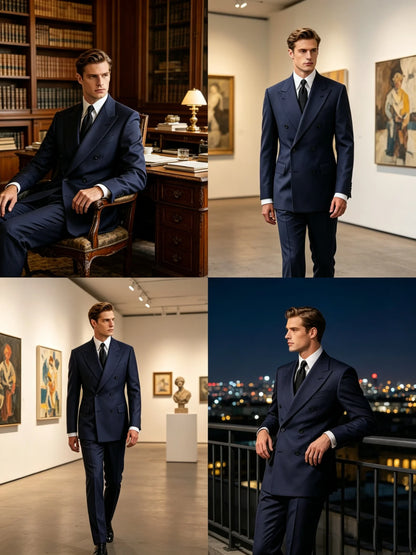 2 Piece Navy Blue Wedding Men Suits Slim Fit Peak Lapel Double Breasted Blazer Pants Formal Business Groom Tuxedo Men Clothes