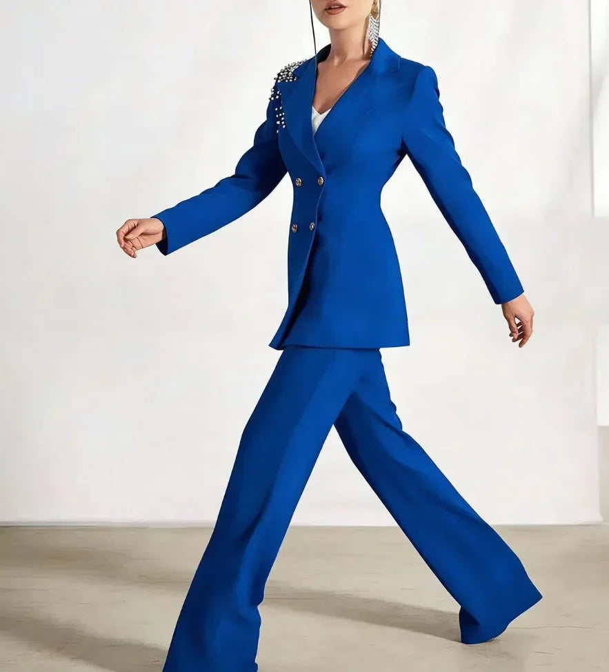Classic Blazer 2 Pieces Suits Plus Size Pearls Double Breasted Women Wedding Guest Mother Set Customized Party Office Outfit
