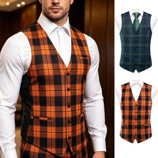Men's Suit Vest Plaid V-Neck Orange Green for Weddings and Evening Events
