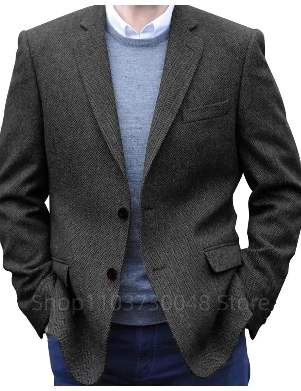 Men's Brown Herringbone Tweed Blazer Single Breasted Notch Lapel Jacket Prom Tuxedo Woolen Suit Coat for Office Business Wedding