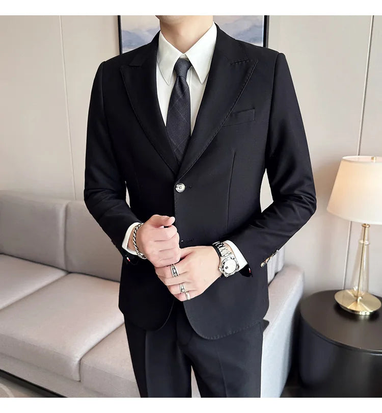 Jacket + Pants 2 Pieces Men's Elegant Fashion Slim Fit Suits Formal Business Wedding Tuxedos Casual Gentleman Solid Dress Suit