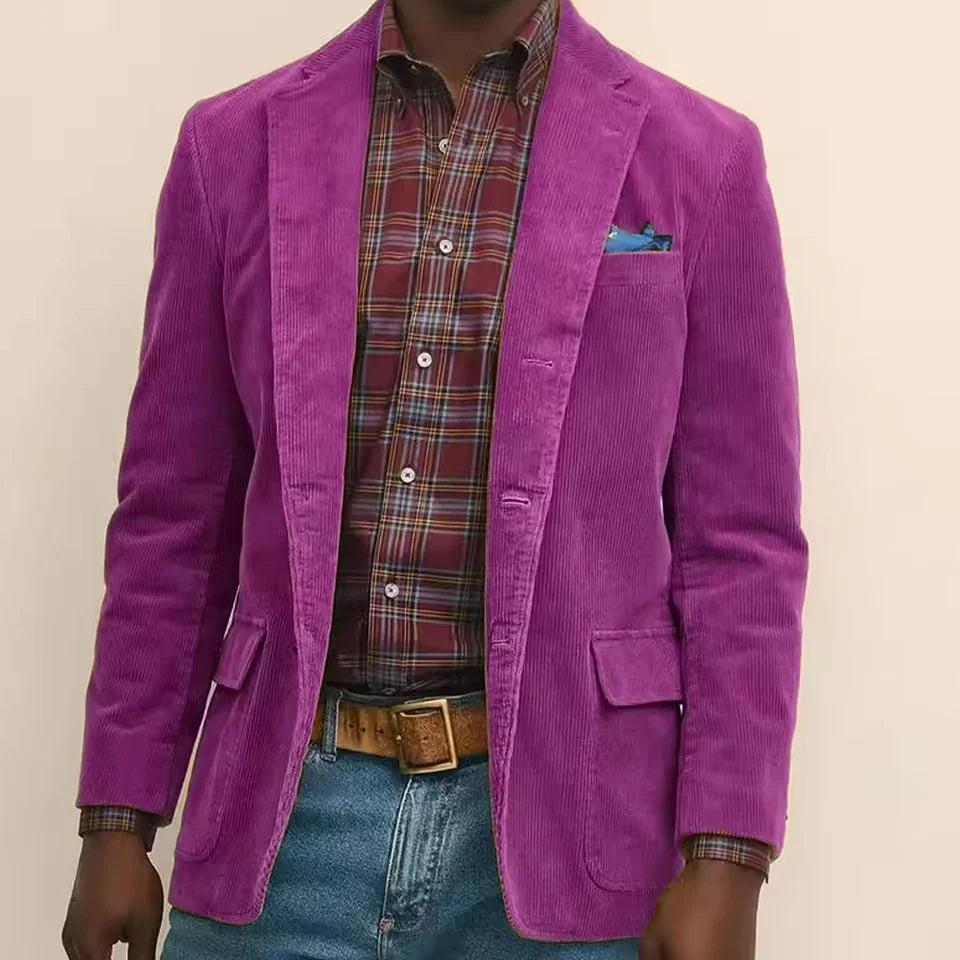 Men's Corduroy Blazer Single Breasted Notched Lapel Business Casual Suit Jacket