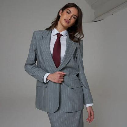 Professional Women Grey Pinstripe 2 Pieces Suit Single Button Jacket Midi Skirt Set Formal Office Business Party Outfit
