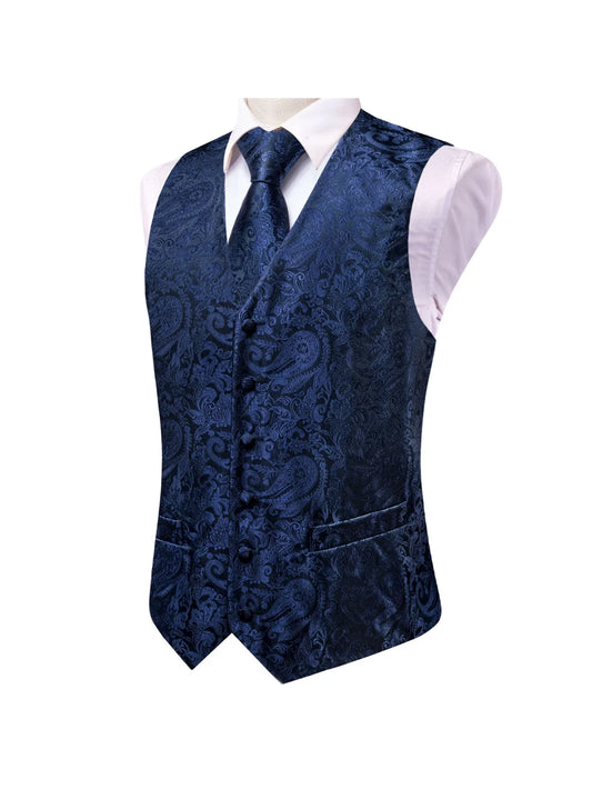 Men's Waistcoat Set Jacquard Dark Blue Paisley Pattern with Necktie & Handkerchief for Business & Ceremony