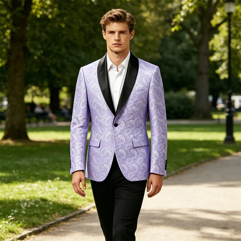 Men's Tuxedo Blazer Paisley Jacquard Shawl Lapel Single Button Slim Fit Jacket for Wedding Party Prom