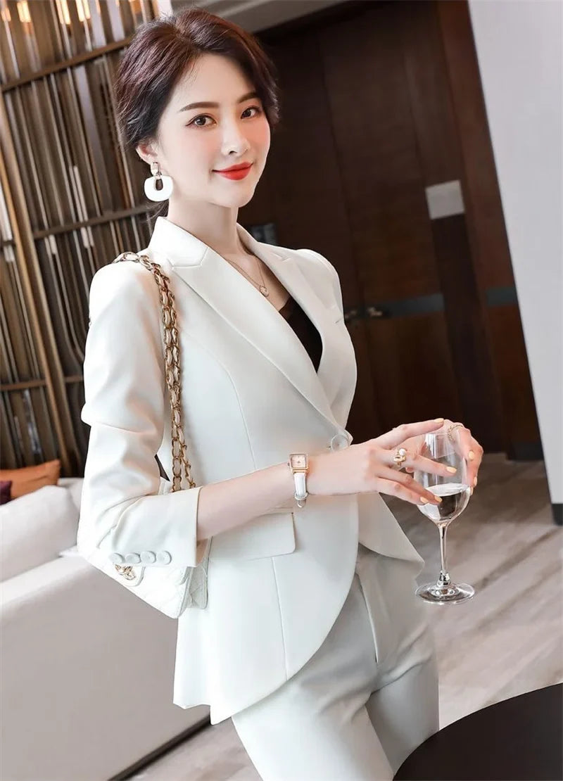 Slim 2 Piece Sets Office Wear Women 2025 New Fashion Turn Down Collar Single Button Blazers Casual Pencil Pant Suits