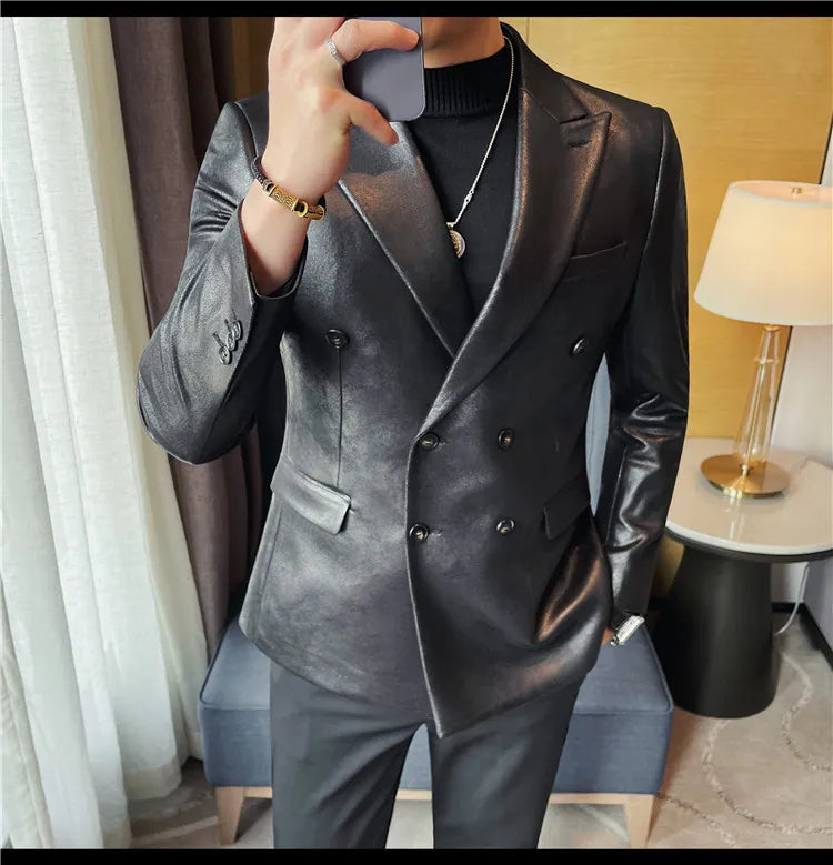 Brand Retro Leather Suit Jacket Men British Style Double Breasted Casual Business Blazers Wedding Groom Party Banquet Jackets