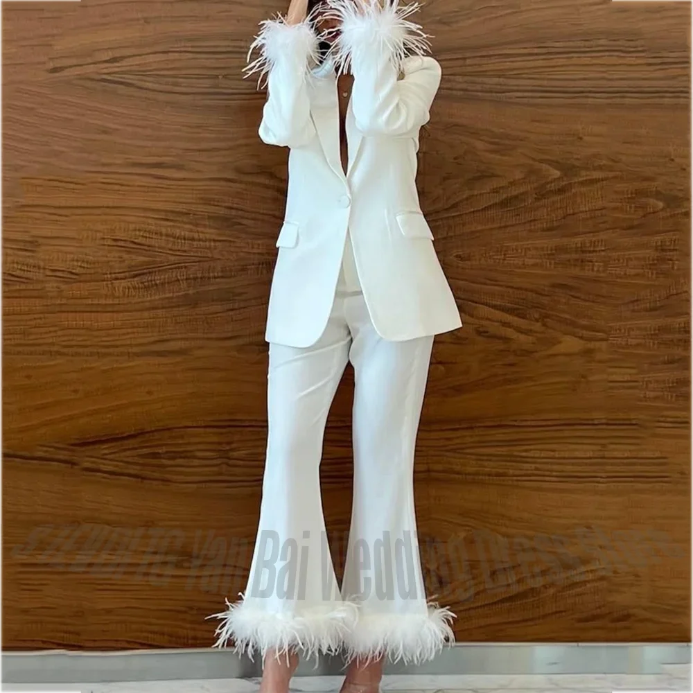 Exquisite Feathers Women's Suits Customized Hot Sale Chic Single Button Solid Color Outfit Two Pieces Party Elegant Suit Set