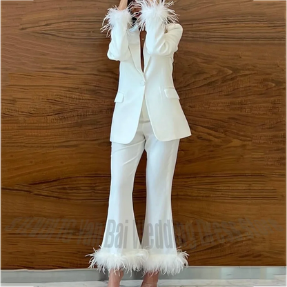 Exquisite Feathers Women's Suits Customized Hot Sale Chic Single Button Solid Color Outfit Two Pieces Party Elegant Suit Set