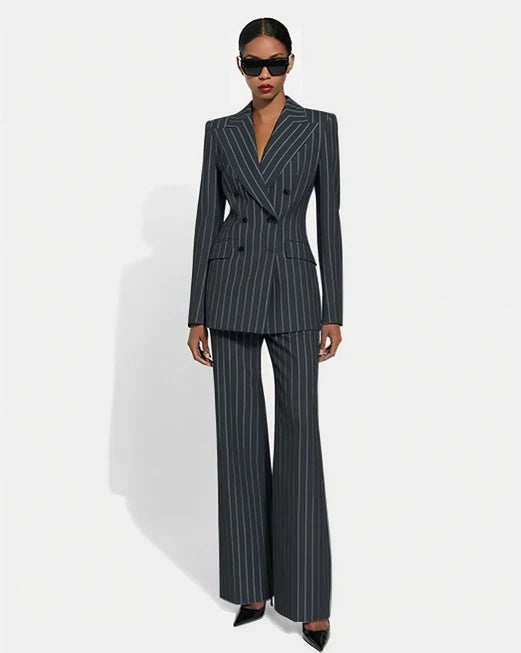 Black Stripe Double Breasted Women Blazer Sets Fashion Slim Pants Suits Custom Made Clothing